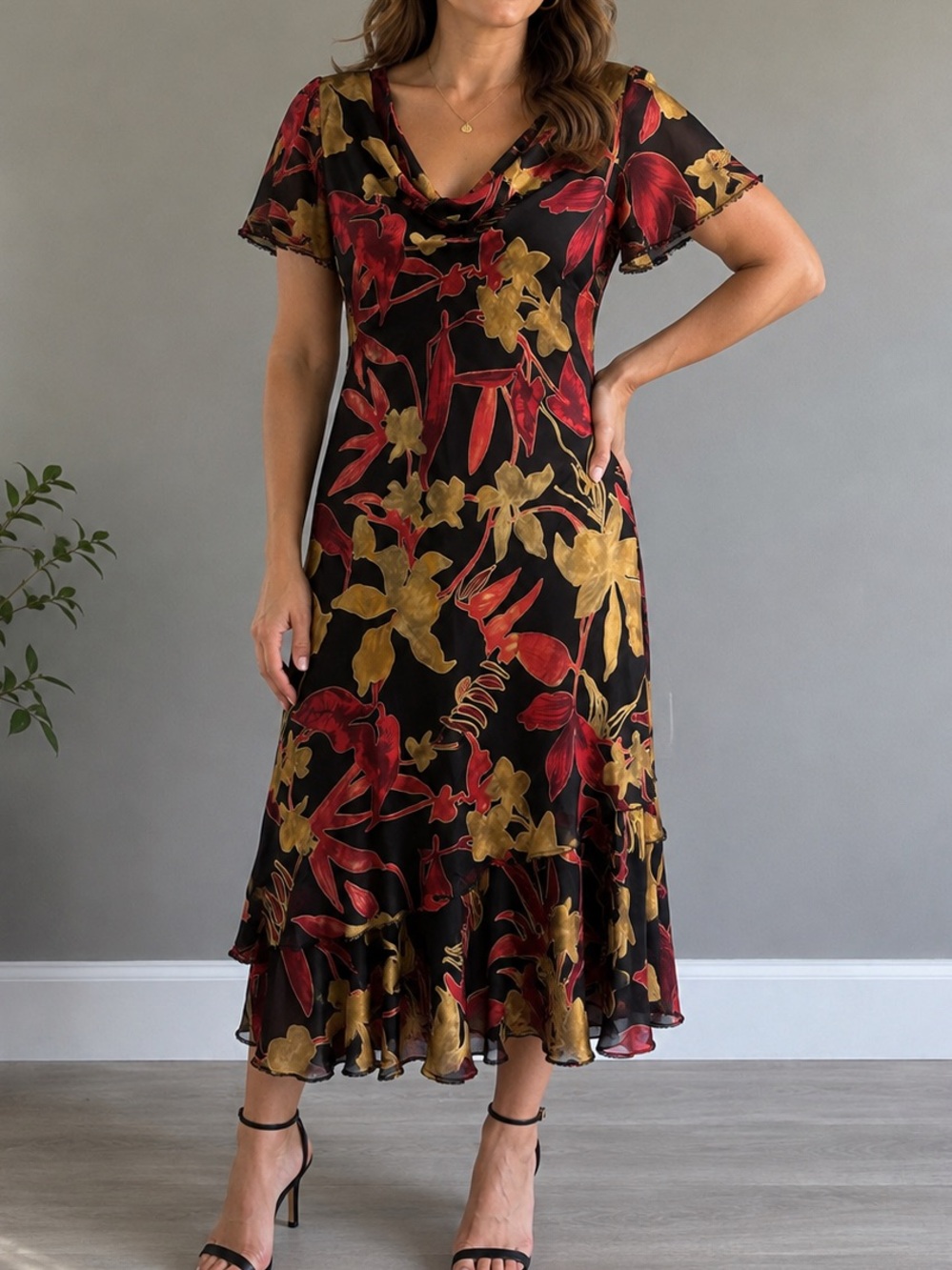 Jacques Vert Silk Blend Floral Cowl Neck Midi Dress • Canadian 10